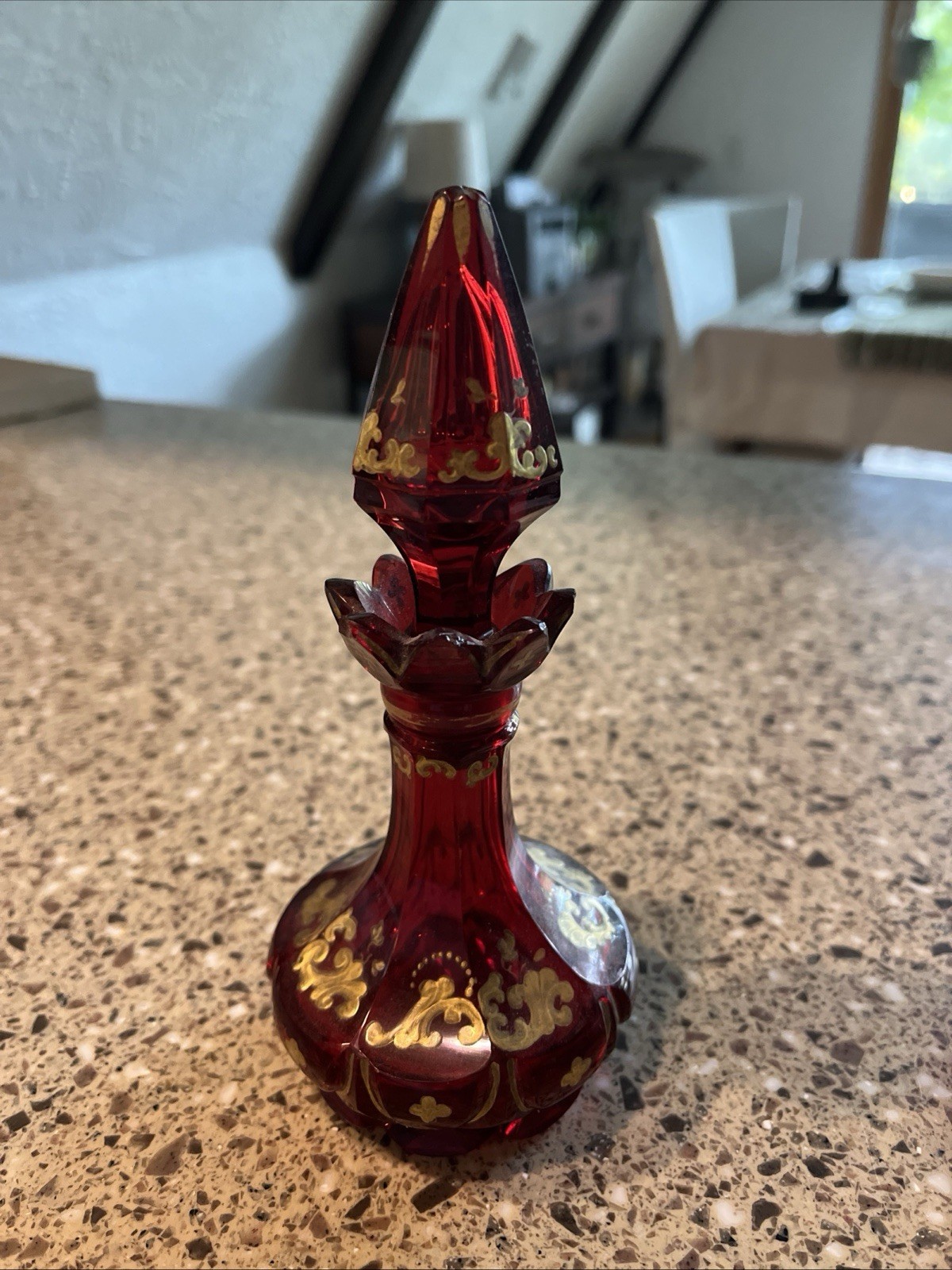 Antique Bohemian Glass Hand Painted Leaves Red Perfume Bottle Antique Bohemian Glass Hand Painted Leaves Red Perfume Bottle