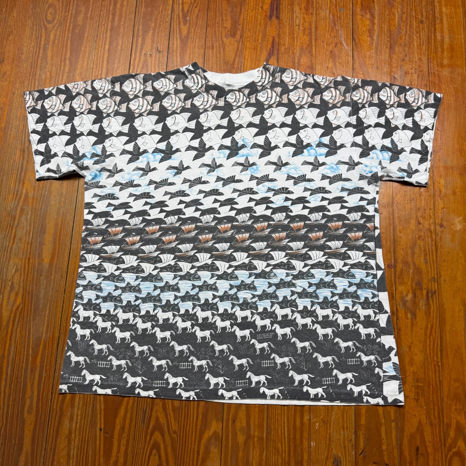 Vintage MC Escher Shirt Mens XL All Over Print Fish Horse Birds Nature Art 90s Vintage MC Escher Shirt Mens XL All Over Print Fish Horse Birds Nature Art 90s