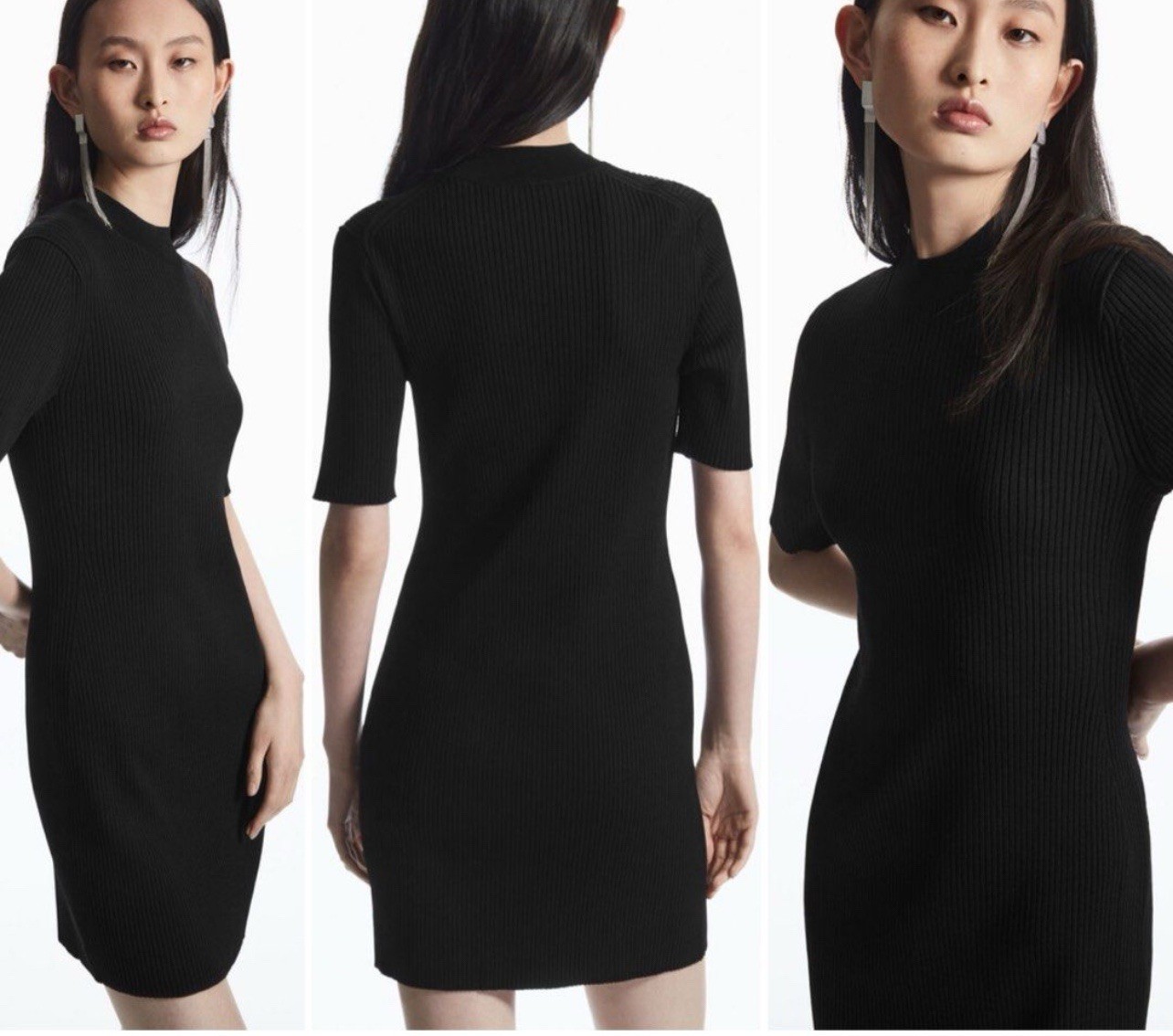 COS Womens Large Black Stretch Knit Ribbed Mock Neck Short Sleeve Mini Dress EUC