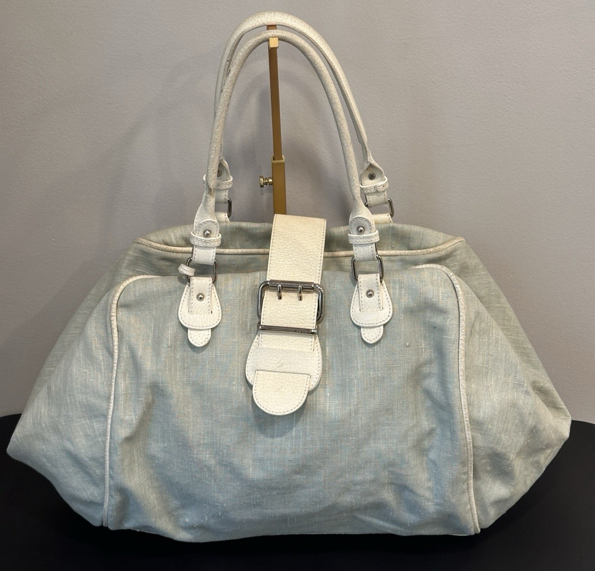 Fendi Vintage Y2K Oversized Blue Canvas Leather Buckle Satchel Shoulder Bag