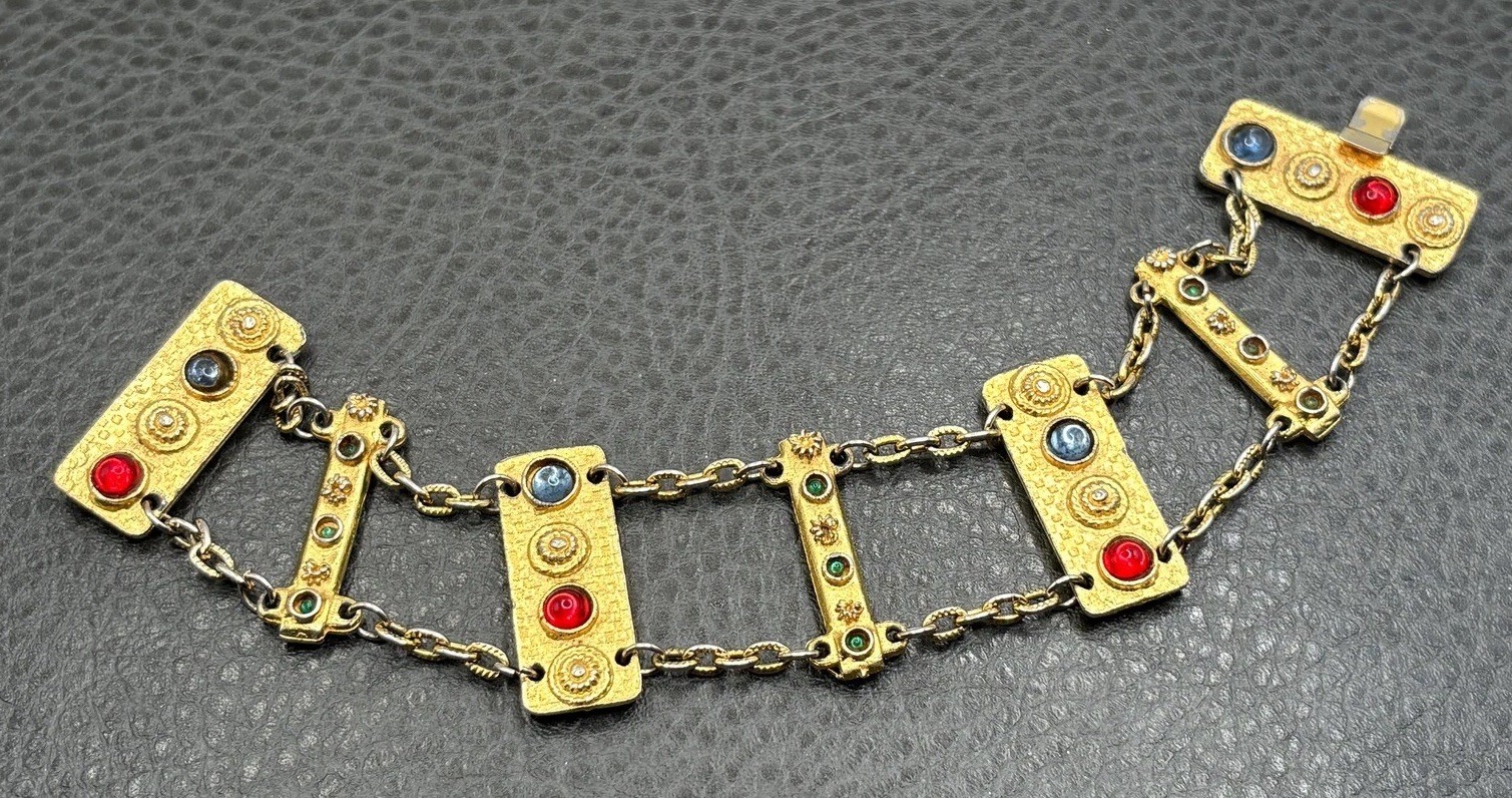 VTG Etruscan Style Gripoix Style Panel Bracelet Multi Color Cabochon Gold Tone