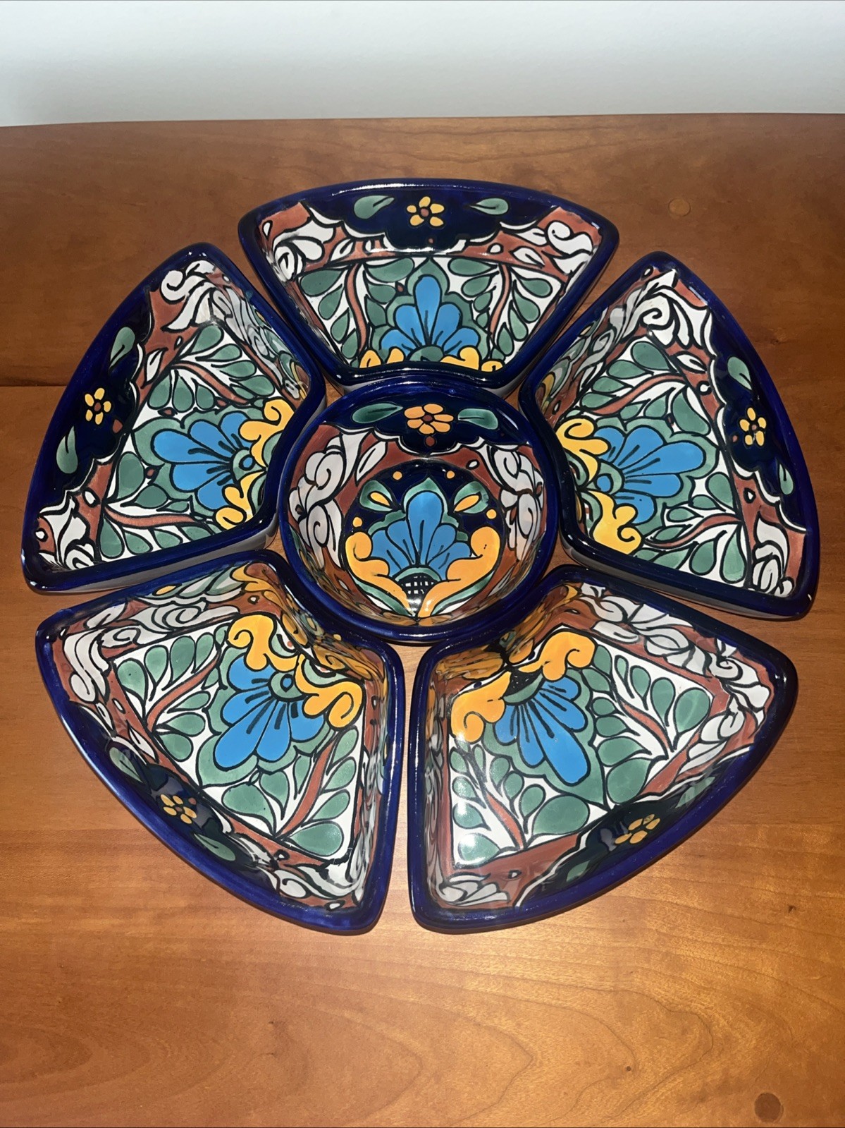 Six-Piece Handpainted Talavera Festive Flowers Appetizer Set. Summer