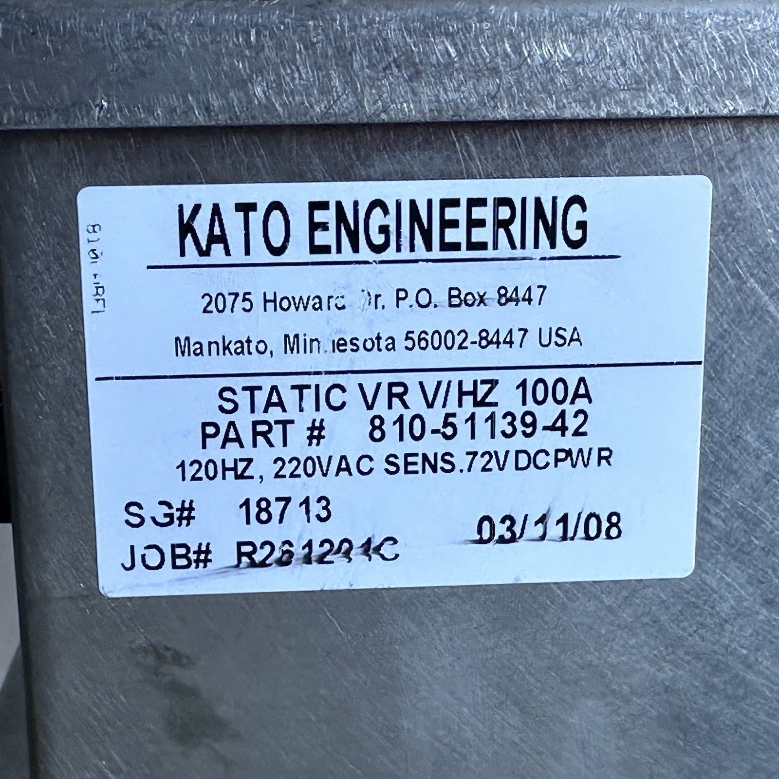 KATO ENGINEERING 820-51139-42 VOLTAGE REGULATOR STATIC VR V/HZ 100A