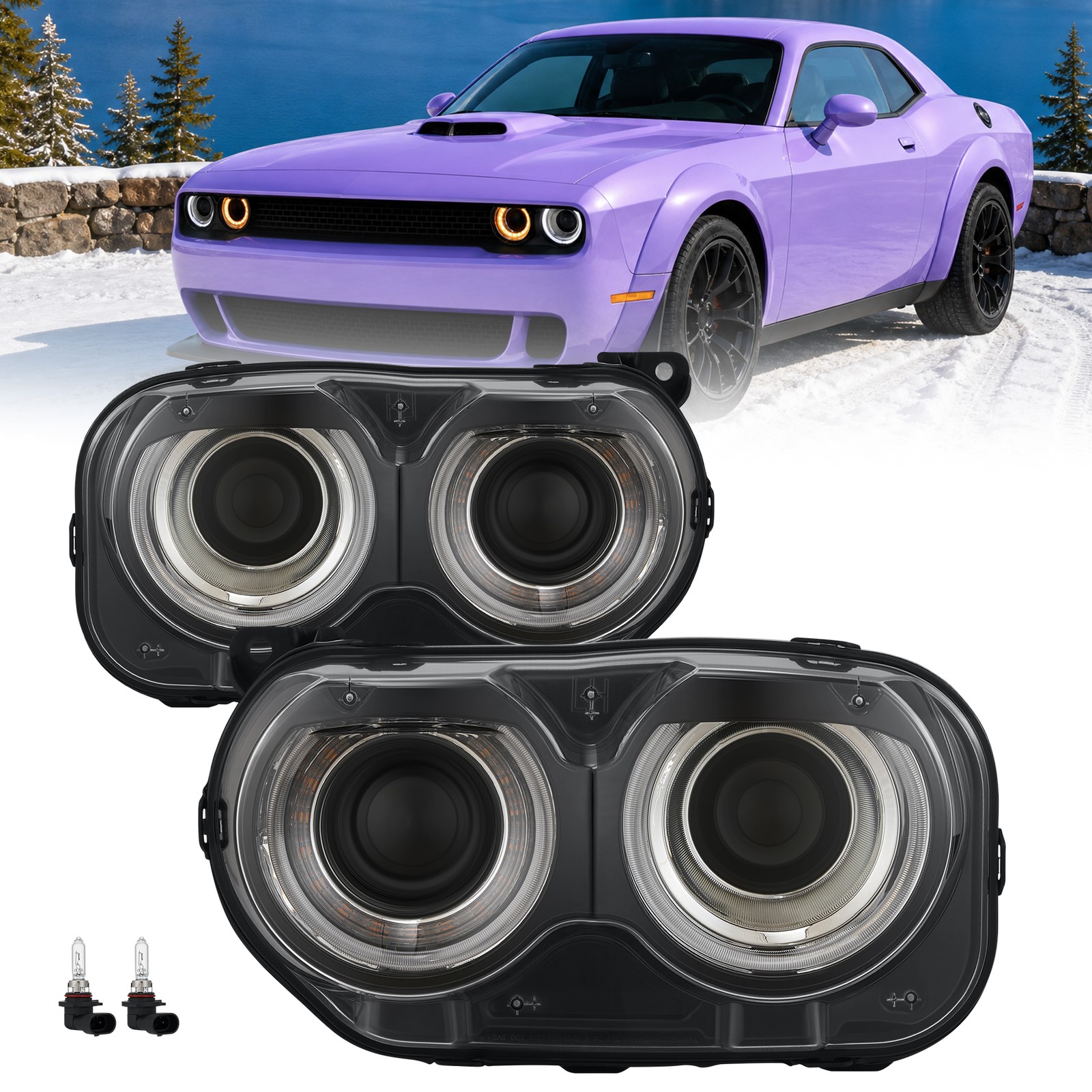Pair LED Headlights Halogen Head lamps Projector for 2015-2023 Dodge Challenger