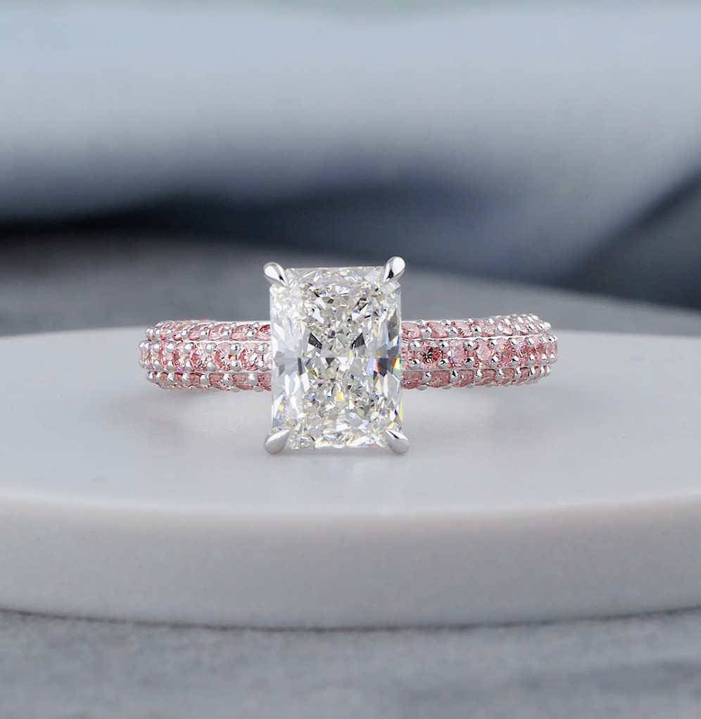 3.00CT Radiant Cut Lab-Grown Diamond Ring with Pink Side Diamond,Solitaire Ring