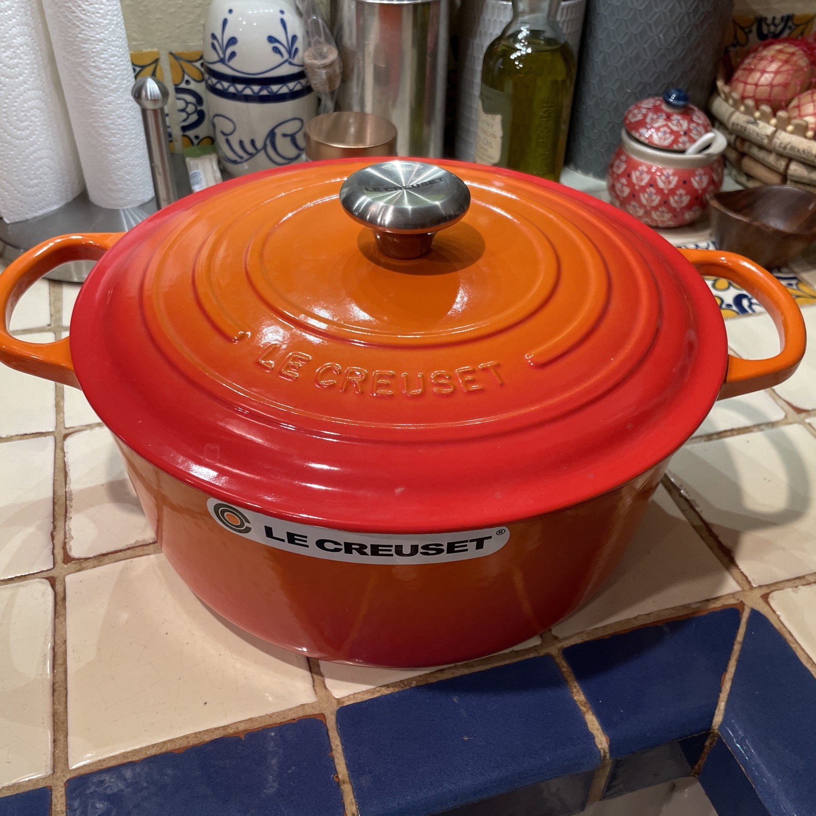 Vintage Le Creuset Flame Orange #28 Round Dutch Oven 7.25 Qt Made in France