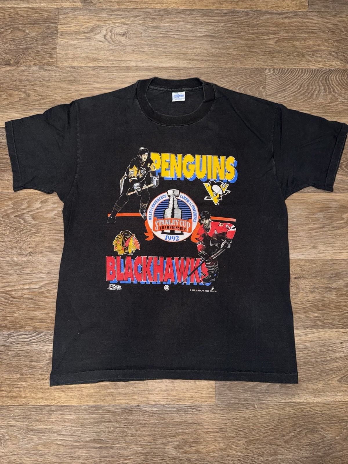 Vintage 1992 NHL Stanley Cup Blackhawks vs Penguins Shirt Single Stitch Salem XL