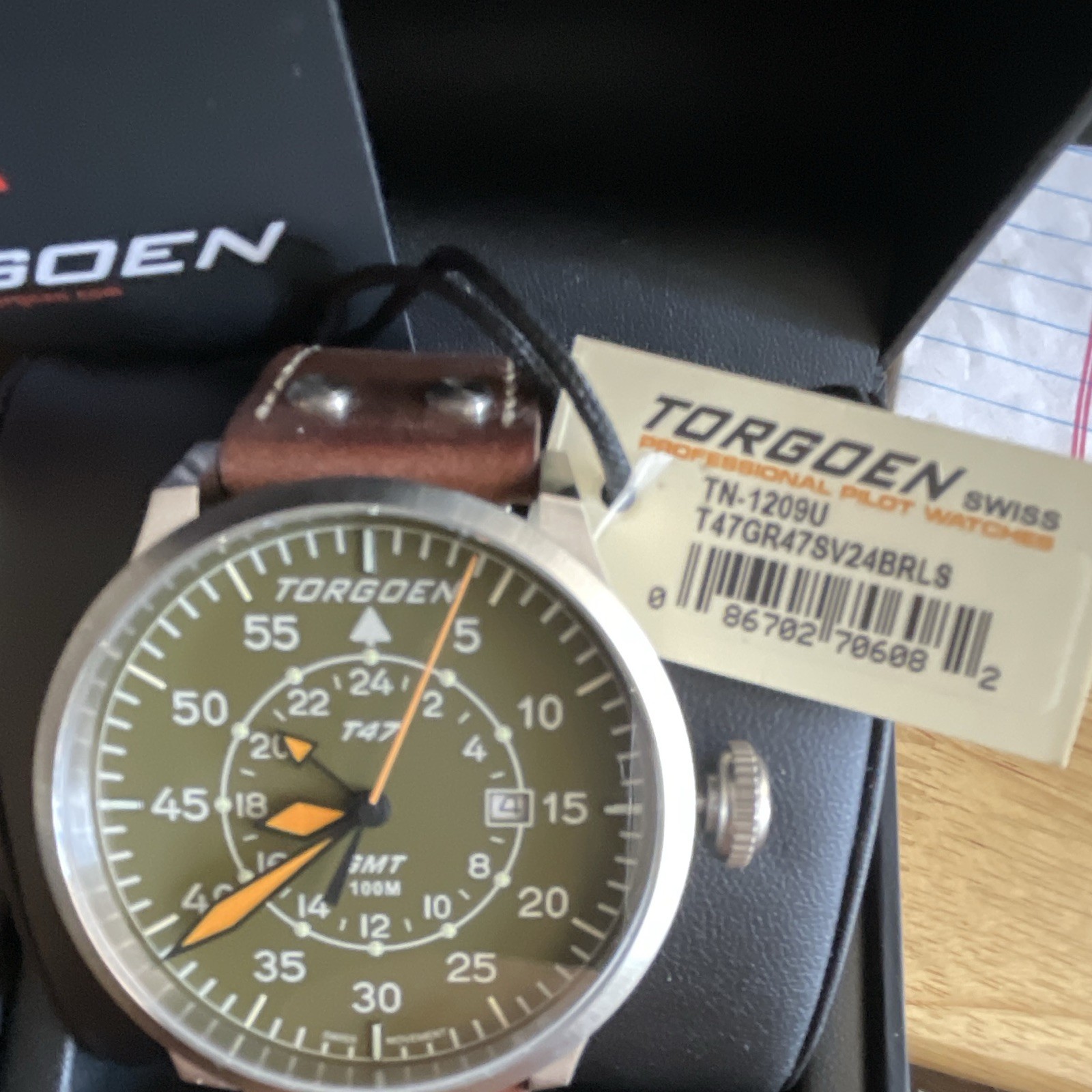 Torgoen T47 Men\'s Pilot Quartz Watch 47mm Green Dial Brown Leather Strap 100m Torgoen T47 Men\'s Pilot Quartz Watch 47mm Green Dial Brown Leather Strap 100m