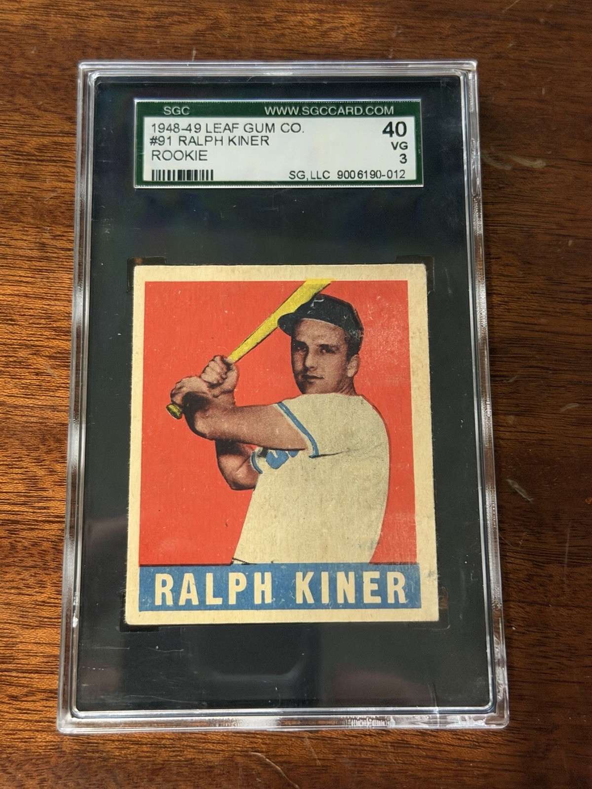 Leaf 1948-49 Ralph Kiner Rookie Base #91 Pittsburgh Pirates SGC 40 VG 3 Leaf 1948-49 Ralph Kiner Rookie Base #91 Pittsburgh Pirates SGC 40 VG 3
