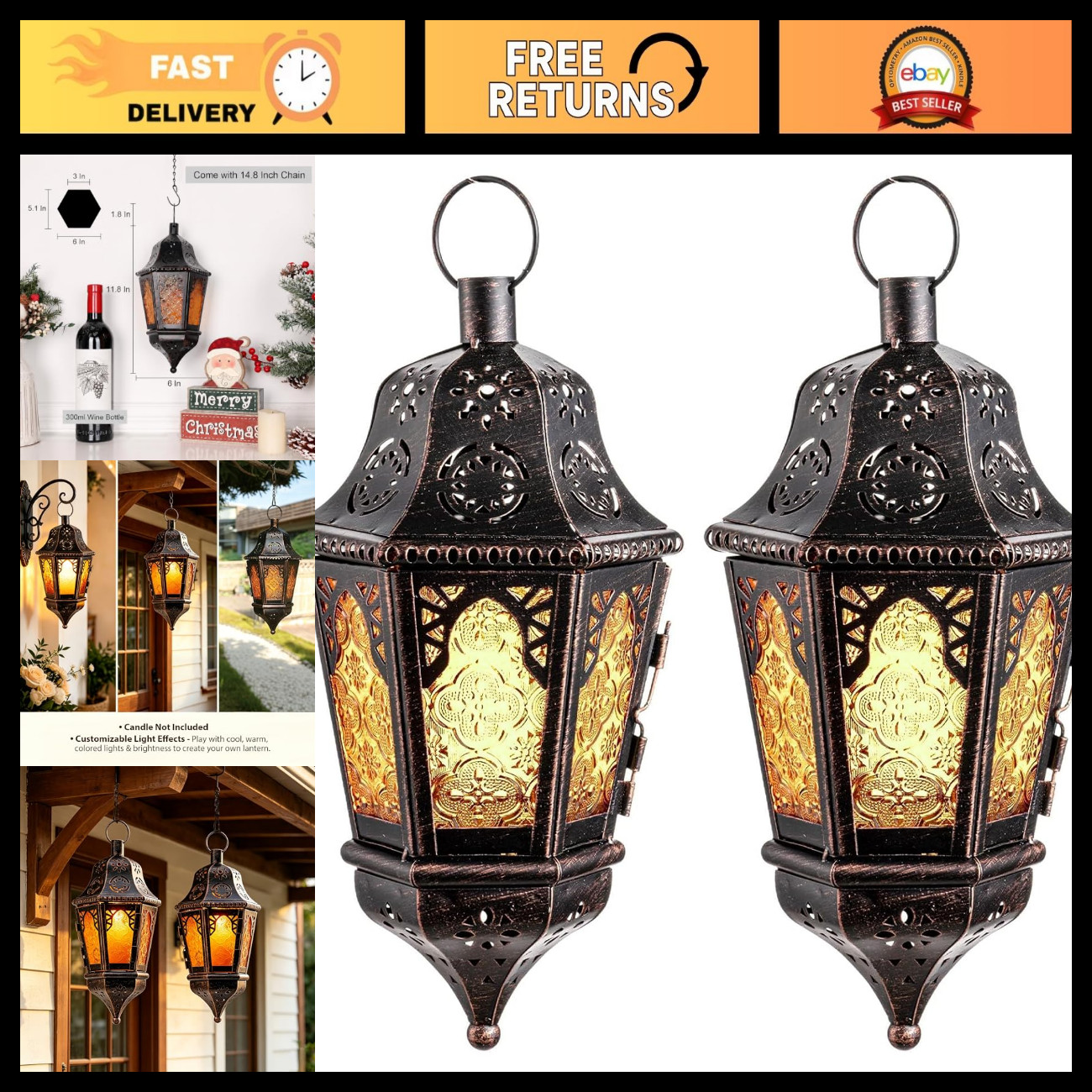 2 PCS Vintage Hanging Lanterns - 13.6\'\' Metal Ramadan Decor for Home & Patio