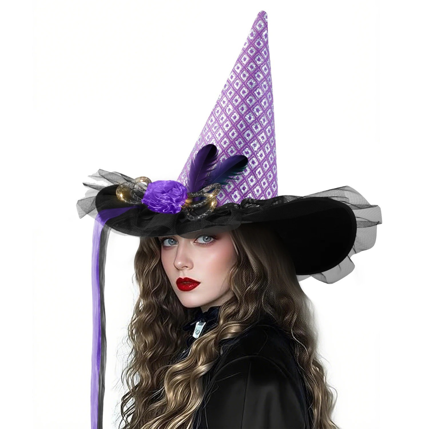 Halloween Witch Hat with Flower Feather Black Detachable Spider Witch Hat Cos...