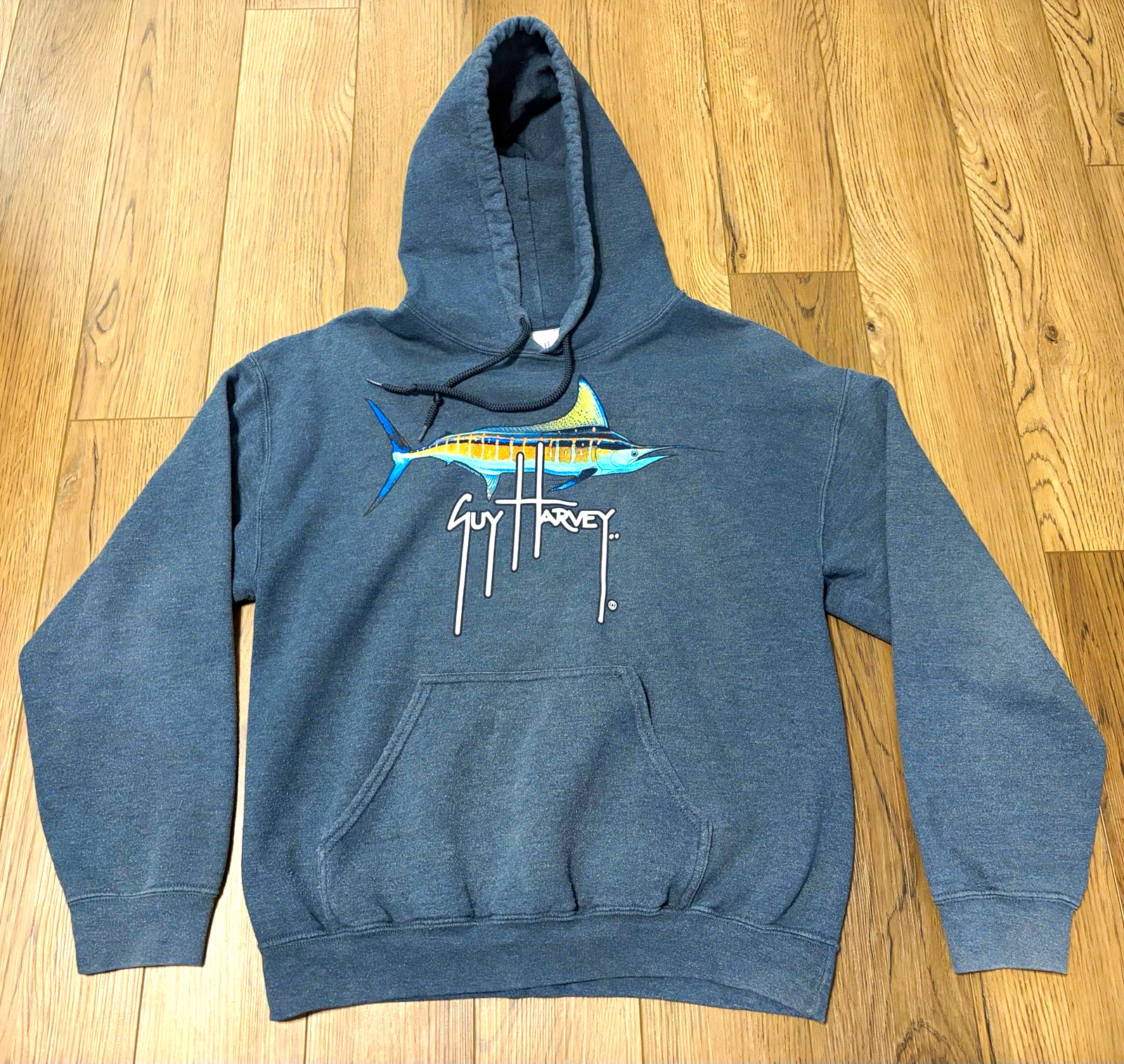 Guy Harvey AFTCO Bluewater Men\'s M Gray Fleece Pullover Hoodie Marlin Pockets Guy Harvey AFTCO Bluewater Men\'s M Gray Fleece Pullover Hoodie Marlin Pockets
