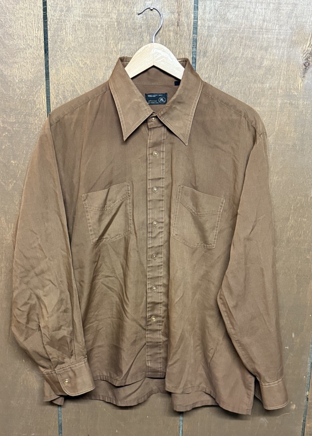 VINTAGE JC Penney Shirt Adult Size XL Brown Rockabilly Dagger Collar Mens 1970s VINTAGE JC Penney Shirt Adult Size XL Brown Rockabilly Dagger Collar Mens 1970s