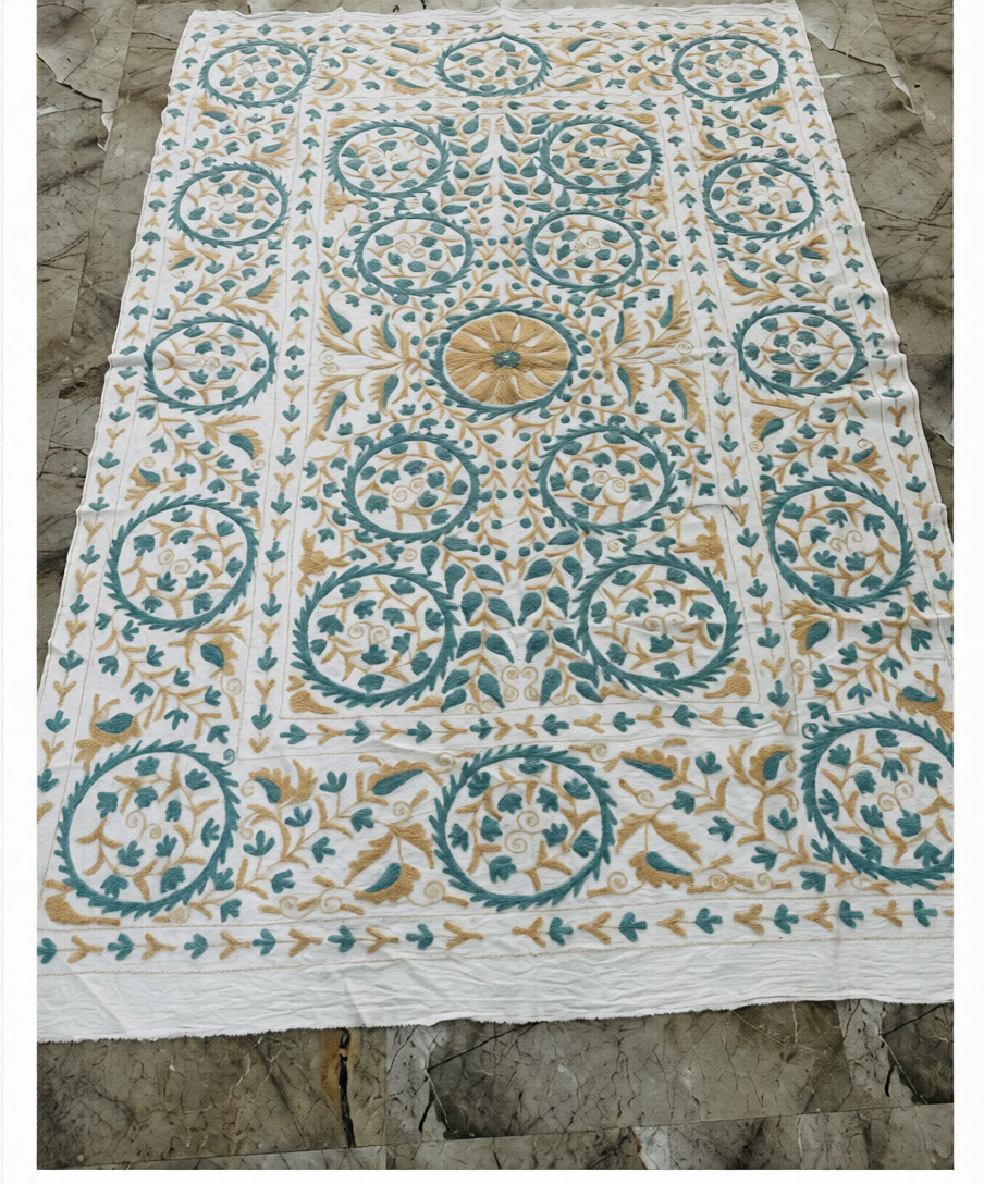 Vintage White Suzani Embroidered Textile Throw Wall Hanging Floral Boho Tapestry