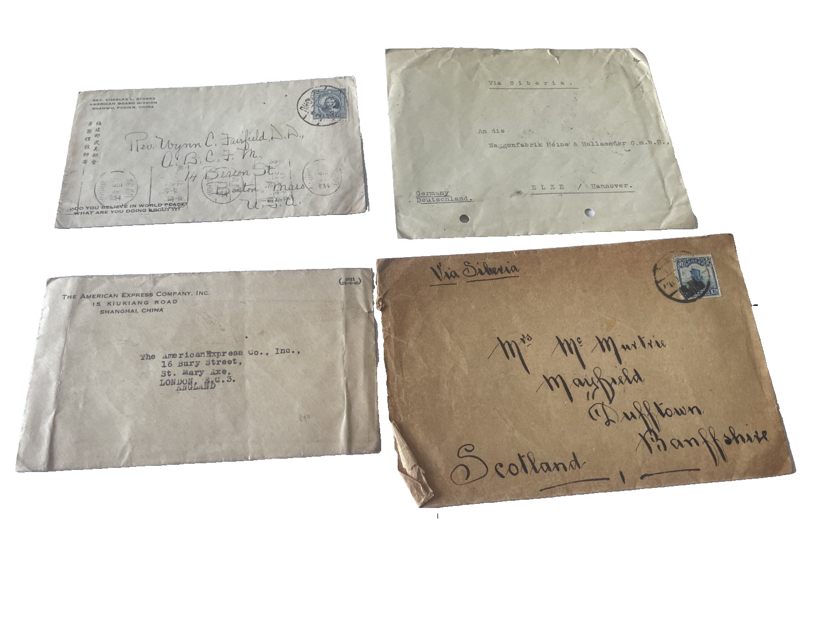 Four rare R O China covers from China to UK , various postmarks (10) Four rare R O China covers from China to UK , various postmarks (10)