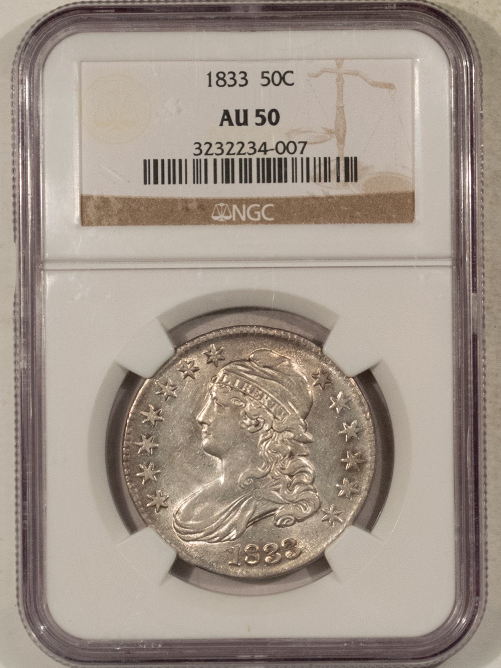 1833 CAPPED BUST HALF DOLLAR, O-101 - NGC AU-50 FLASHY LUSTER 1833 CAPPED BUST HALF DOLLAR, O-101 - NGC AU-50 FLASHY LUSTER