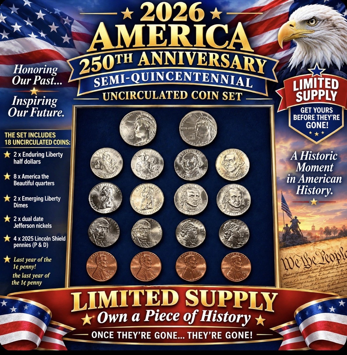 2026 America 250th Anniversary Semi-quincentennial UNC Coin Set + 2025 Pennies 2026 America 250th Anniversary Semi-quincentennial UNC Coin Set + 2025 Pennies