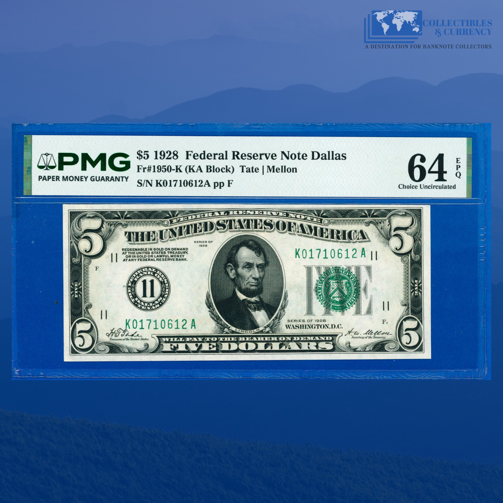 Fr.1950-K 1928 $5 FRN DALLAS, Numerical Seal, PMG CU 64 EPQ #10612 Fr.1950-K 1928 $5 FRN DALLAS, Numerical Seal, PMG CU 64 EPQ #10612