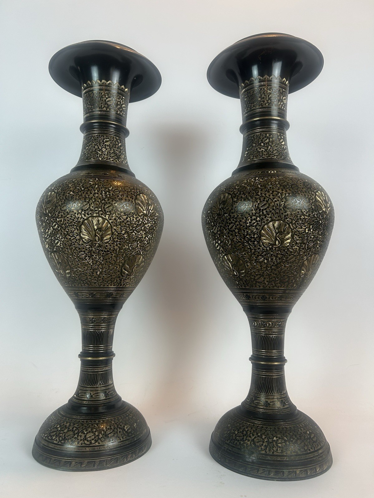 Vintage Hand Etched Brass Floor Vases Pair 20” Ornate Indian Metal Decor