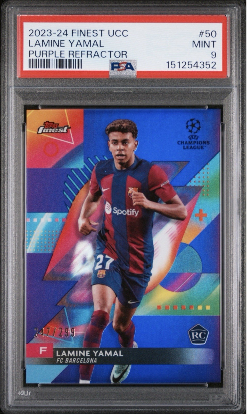 2023-24 Topps Finest UCC Lamine Yamal RC #50 Purple Refractor /299 PSA 9 MT 2023-24 Topps Finest UCC Lamine Yamal RC #50 Purple Refractor /299 PSA 9 MT