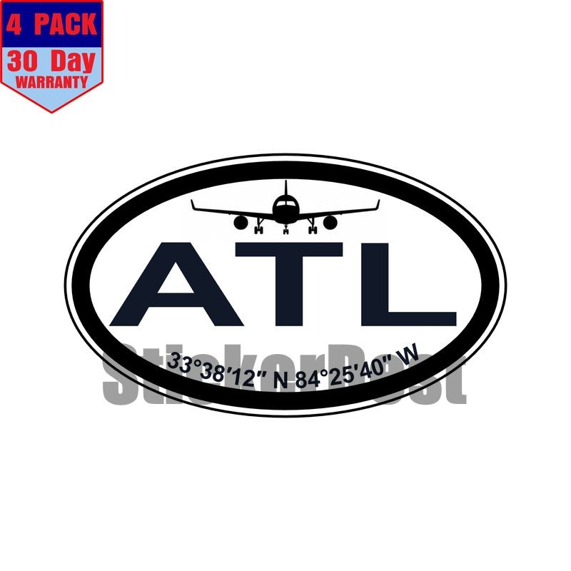 ATL Atlanta Airport Coordinates Oval Sticker 4 Pack 3x2 Inch