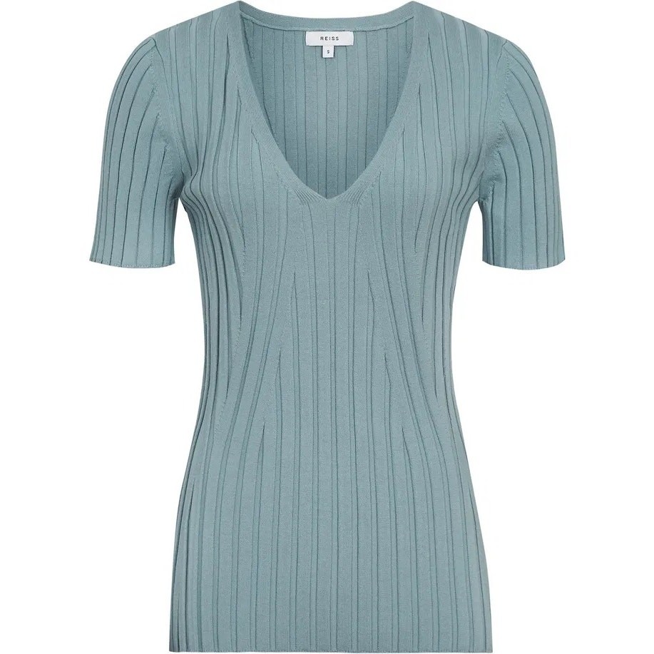 Reiss Aster Light Blue Wide Ribbed V Neck Knit Top Size M Short Sleeve Luxury