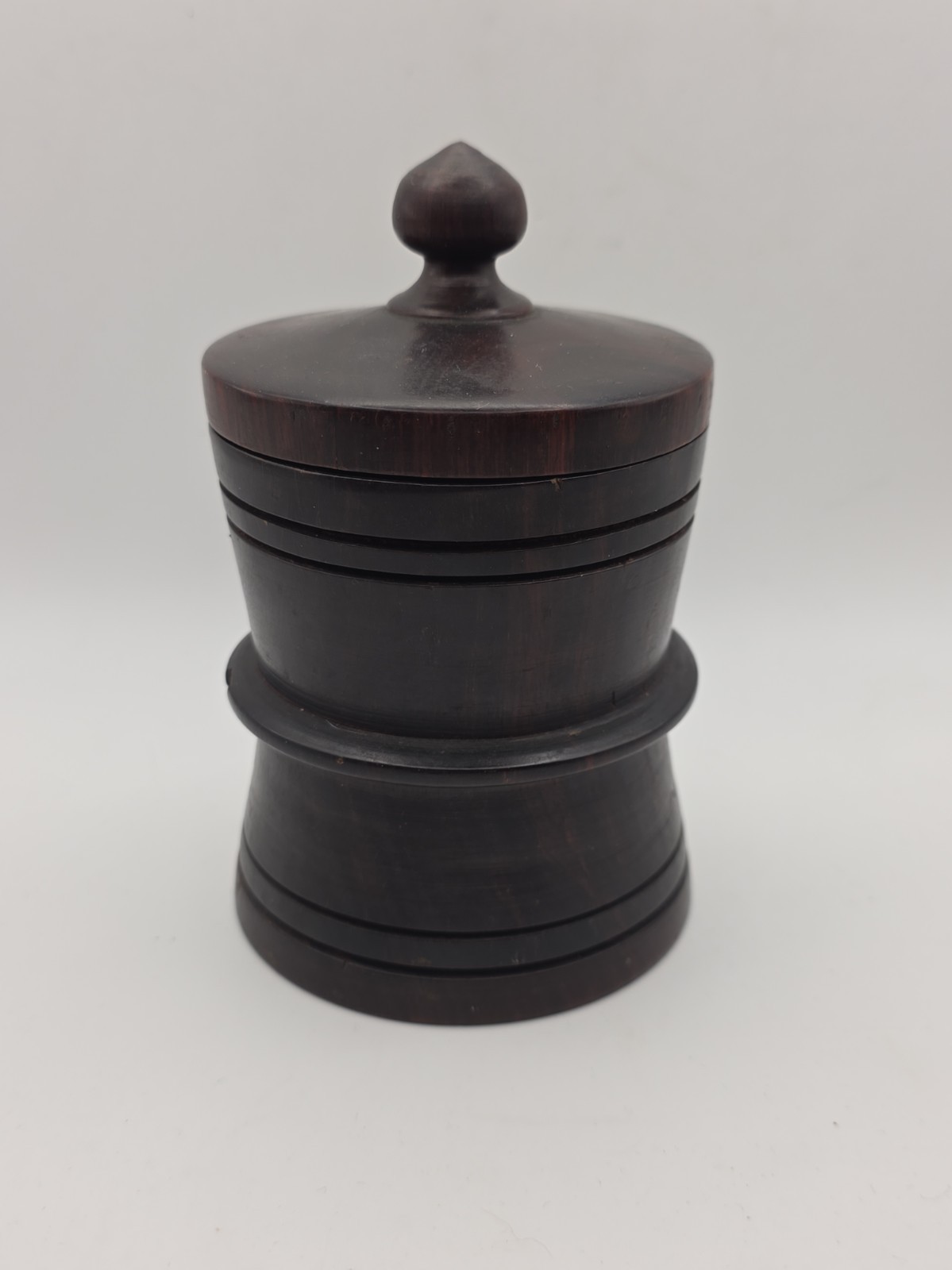 Vintage Primitive Lignum Vitae Wood Treen Ware Spice Salt Tobacco Jar Pull Lid Vintage Primitive Lignum Vitae Wood Treen Ware Spice Salt Tobacco Jar Pull Lid