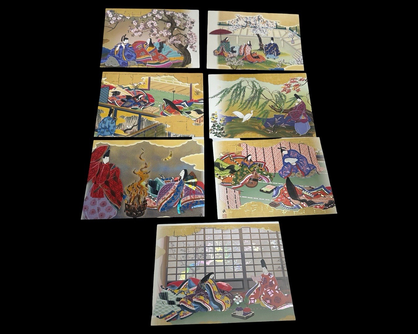 Set Of 7 Japanese Heian Court Scene Art Print - Gold Foil Decorative Wall Art