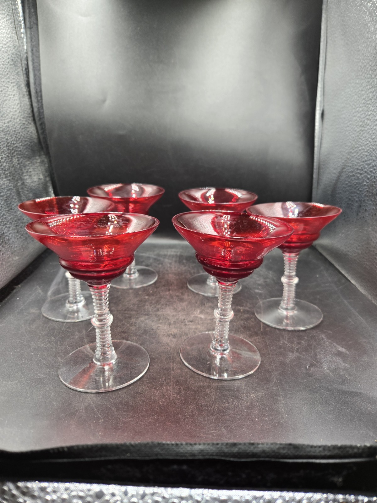 Vintage Unknown Maker Ruby Red Clear Stem Champagne/sherbet Stems Set Of 6