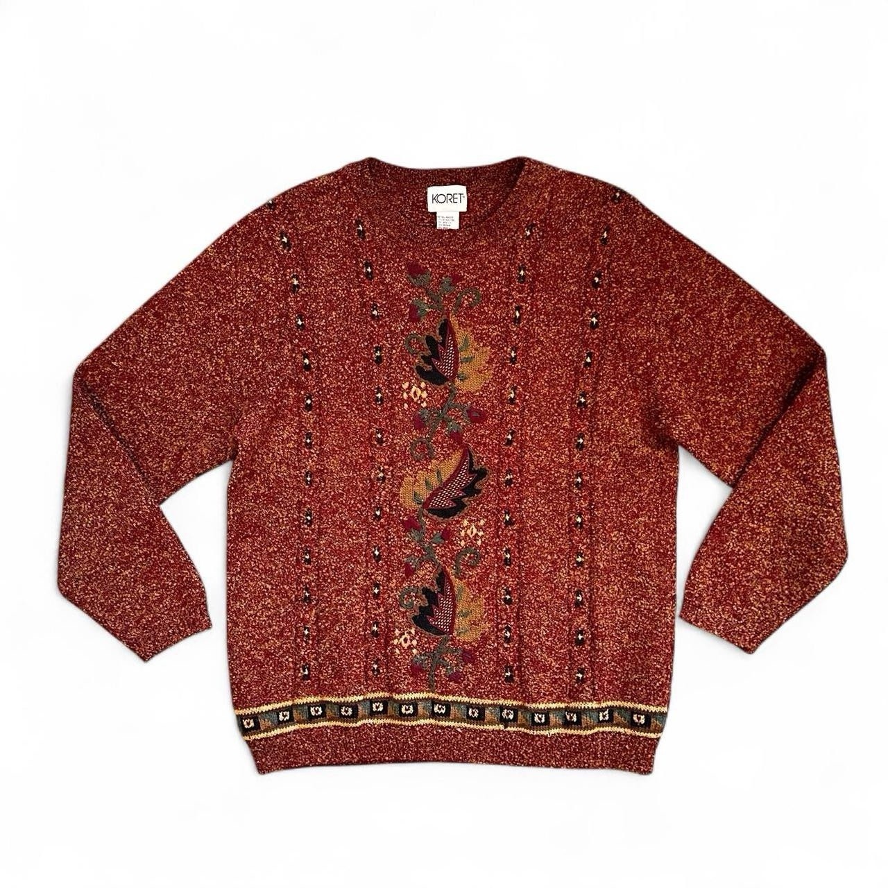 Koret Vintage M Speckled Maroon Mustard Fall Leaf Embroidered Knit Sweater