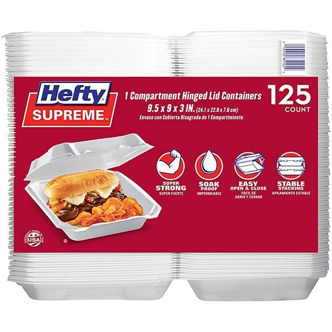 Hefty Supreme Foam Hinged Lid Container 1 Compartment 125 Ct GREAT VALUE