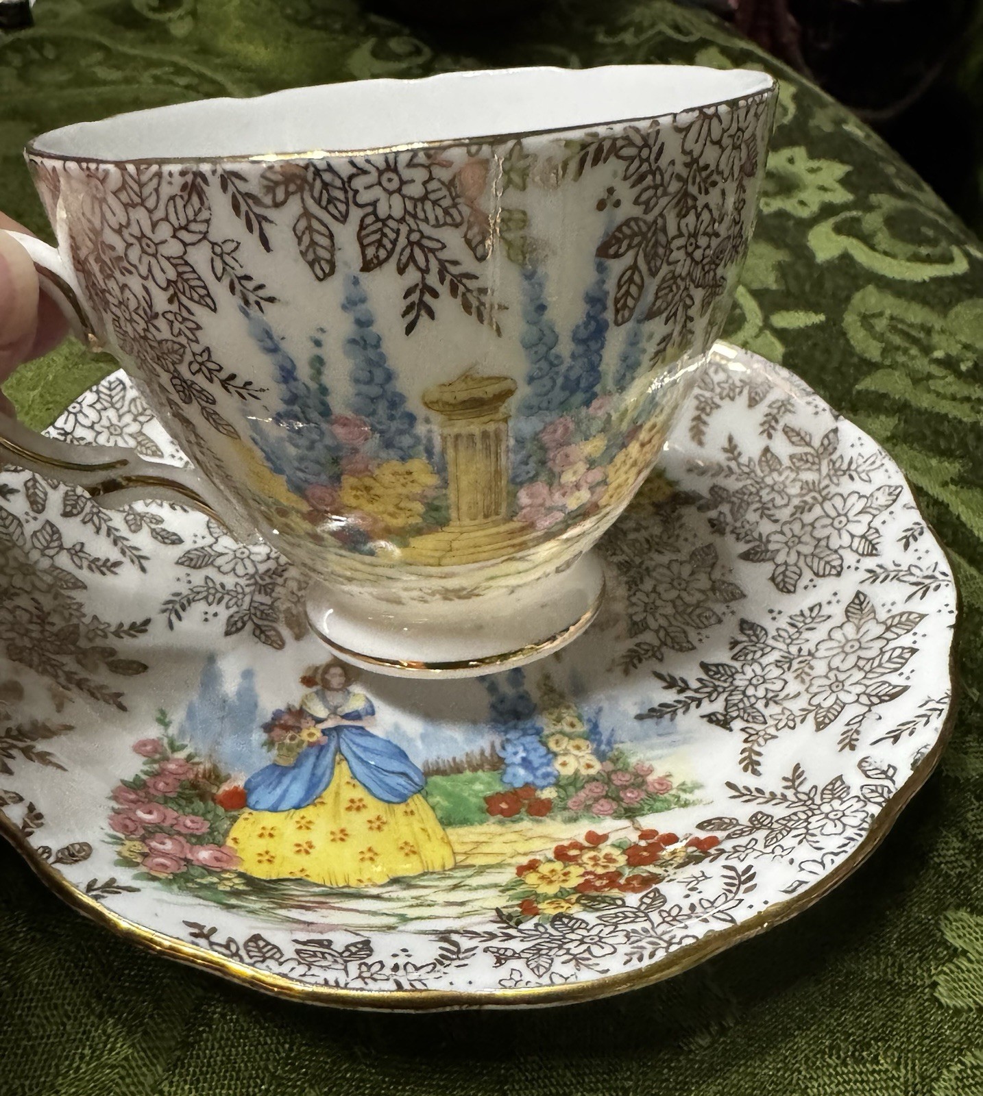 Colclough Tea Cup and Saucer CRINOLINE LADY IN THE GARDEN Bone China England Colclough Tea Cup and Saucer CRINOLINE LADY IN THE GARDEN Bone China England