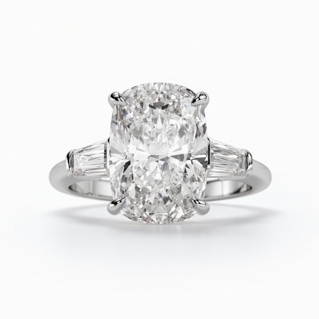 5ct Elongated Cushion Cut Diamond Three Stone Ring VS1 D 14K White Gold
