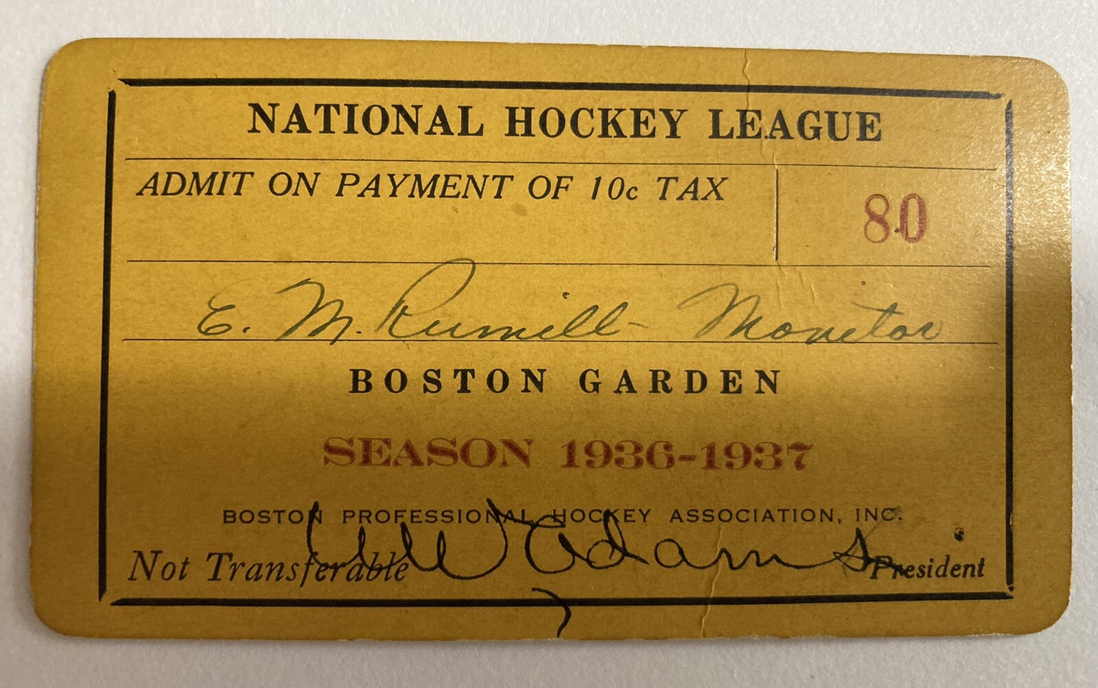 1936-37 Ticket Pass Boston  Bruins Milt Schmidt/Bauer Debut/Woody Dumart/Shore