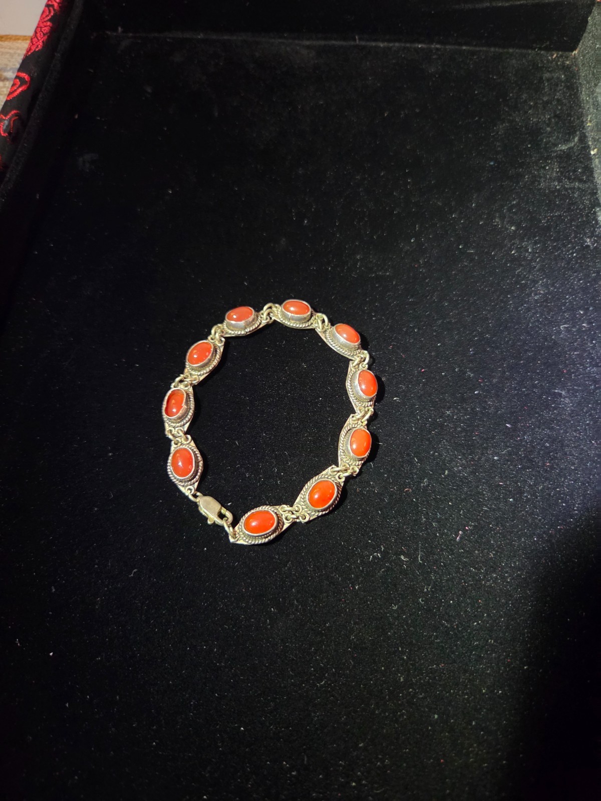Vintage 995 Fine Silver Natural Carnelian Red Agate Cabochon Link Bracelet 7.5\ Vintage 995 Fine Silver Natural Carnelian Red Agate Cabochon Link Bracelet 7.5\