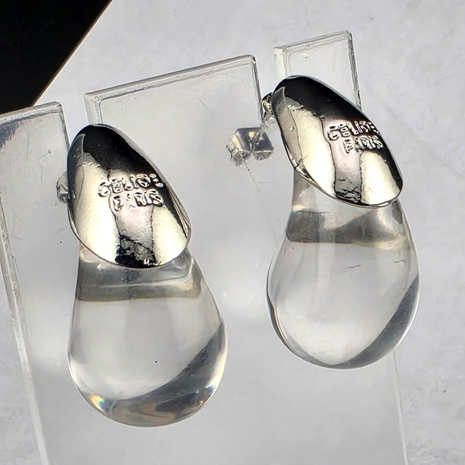 😍Vintage Signed Celine Paris Clear Lucite Silver Plate Hoop Pierced Earrings