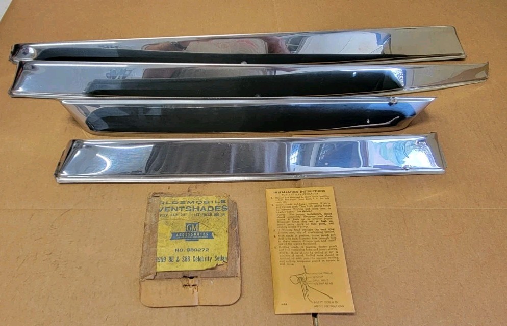 1959 – 1960 Oldsmobile NOS Side Window Accessory Vent Shades Set GM # 989272 1959 – 1960 Oldsmobile NOS Side Window Accessory Vent Shades Set GM # 989272