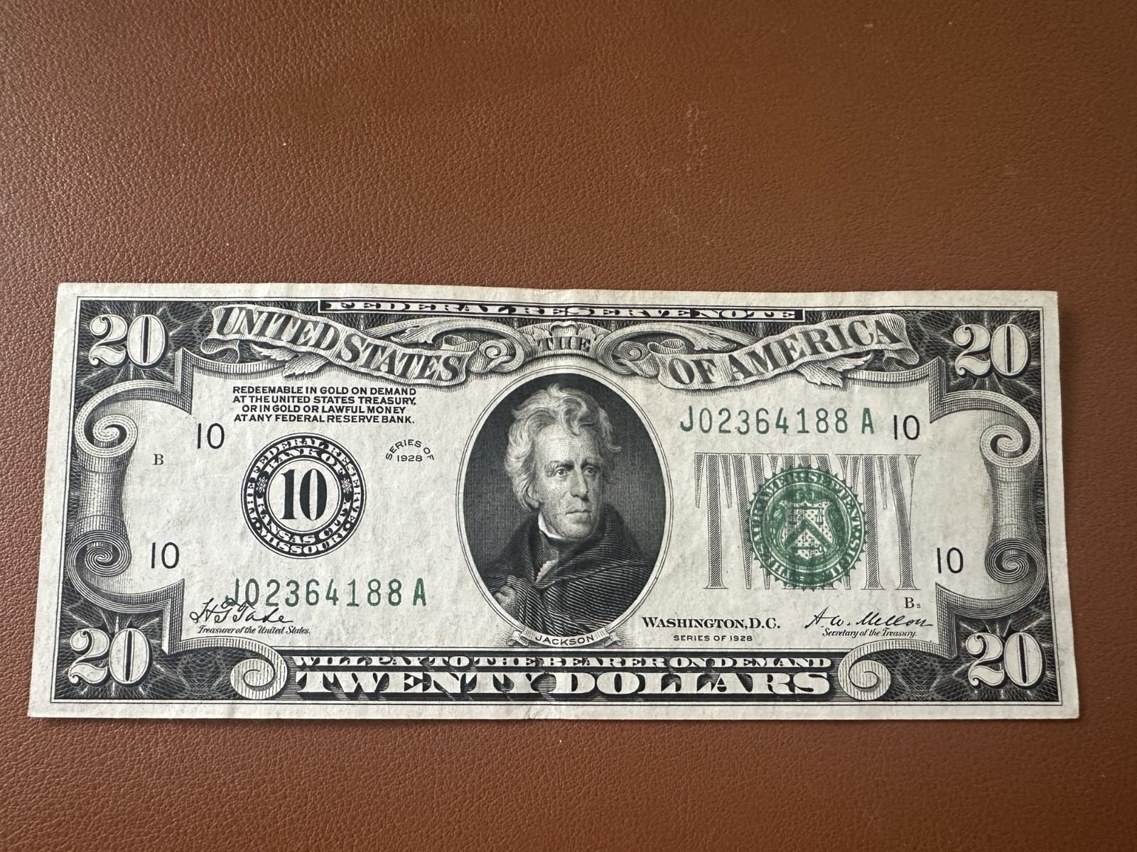 1928 $20 Federal Reserve Note Kansas City Numeral Seal Fr 2050-J Gold Clause 1928 $20 Federal Reserve Note Kansas City Numeral Seal Fr 2050-J Gold Clause