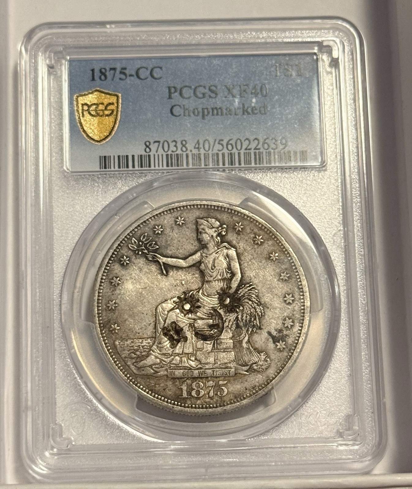 1875 CC Carson City PCGS XF40- Silver Trade Dollar W/ Chopmarks 1875 CC Carson City PCGS XF40- Silver Trade Dollar W/ Chopmarks