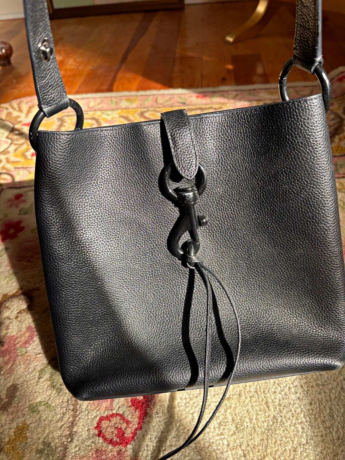 Rebecca Minkoff Black Pebbled Shoulder Bag Snap Closure Logo Shoulder Strap Rebecca Minkoff Black Pebbled Shoulder Bag Snap Closure Logo Shoulder Strap
