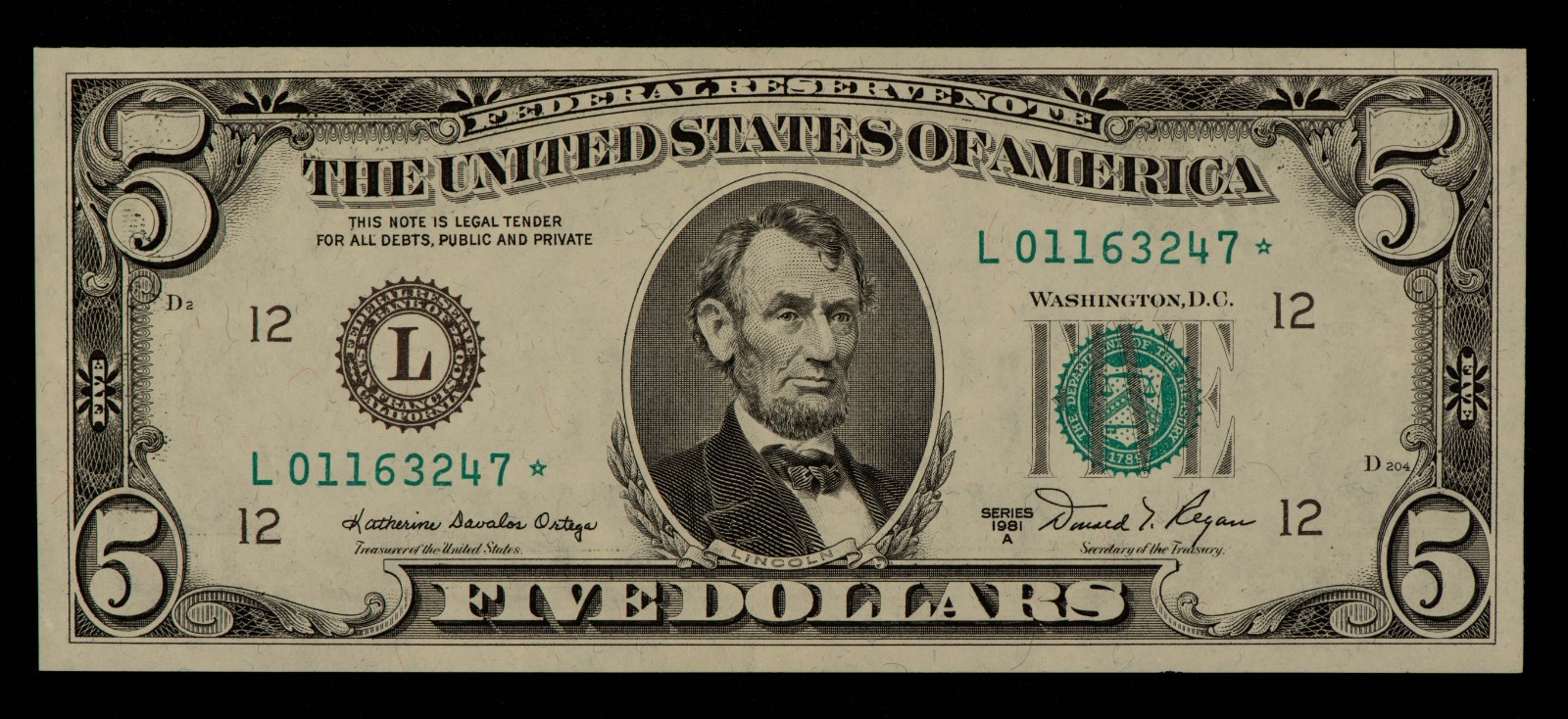 FR 1977-L* $5 1981 A Federal Reserve Note US - Star Note - AU - SKU-CA1849