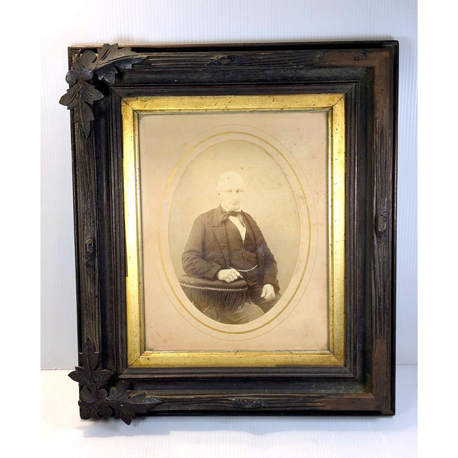 Antique 19th Century Deep Walnut Frame Carved Leaf Corners with Portrait