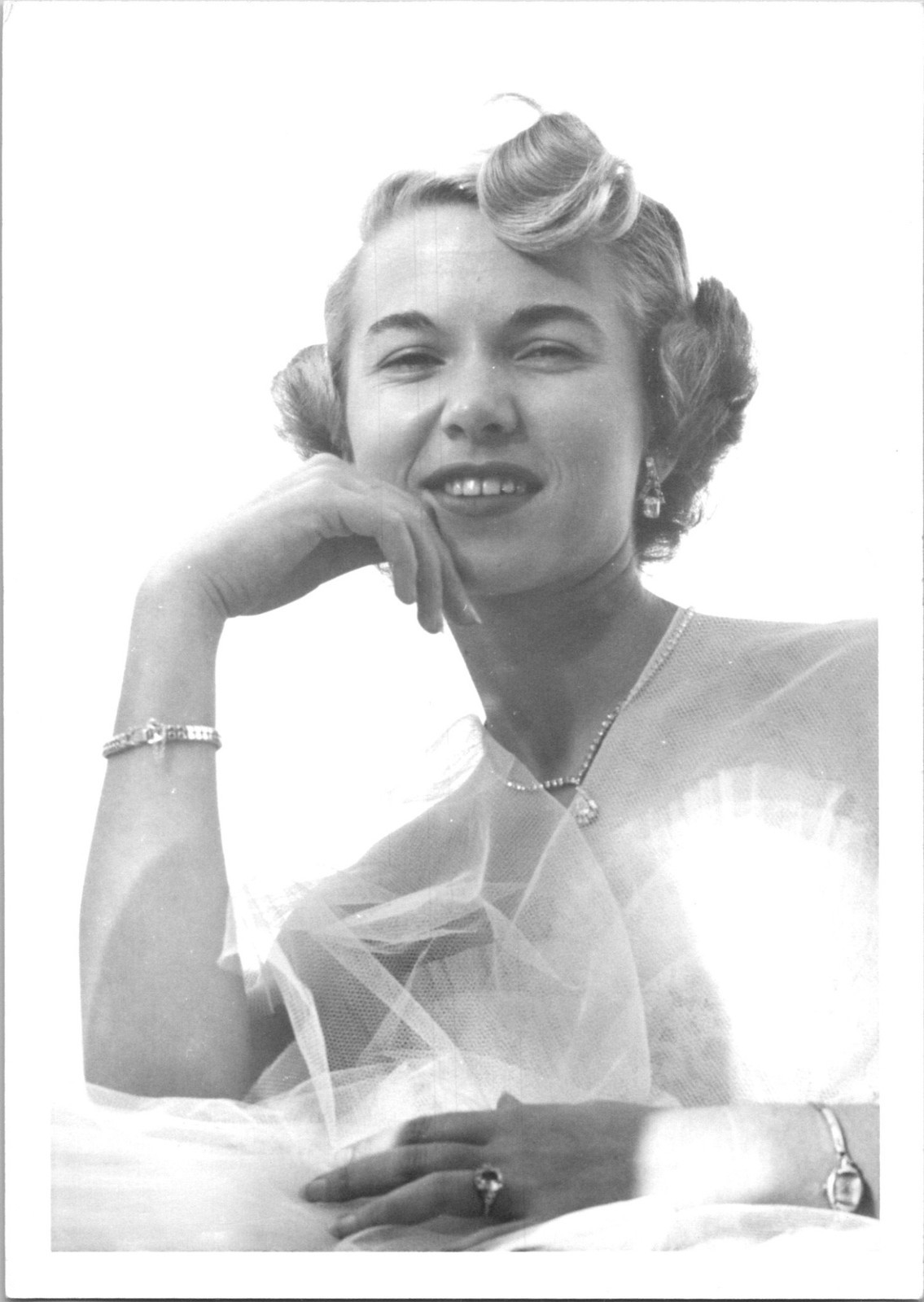 Pretty woman posing lace strapless & wearing diamond jewelry Found Photo V0391