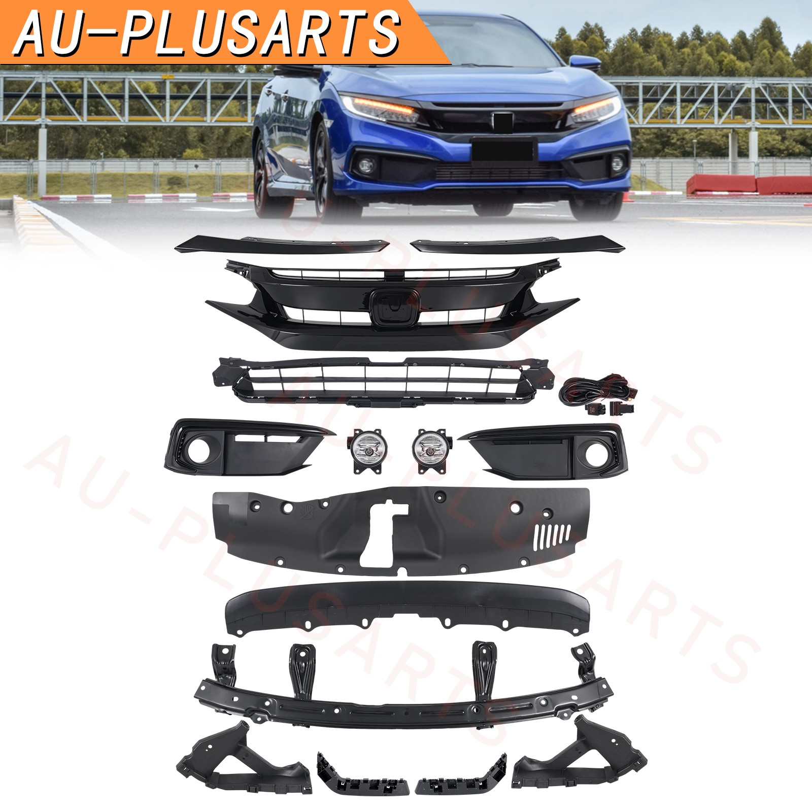 15pc Front Upper Lower Mesh Grille Fog Lamps Brackets For Honda CIVIC 2019-2021