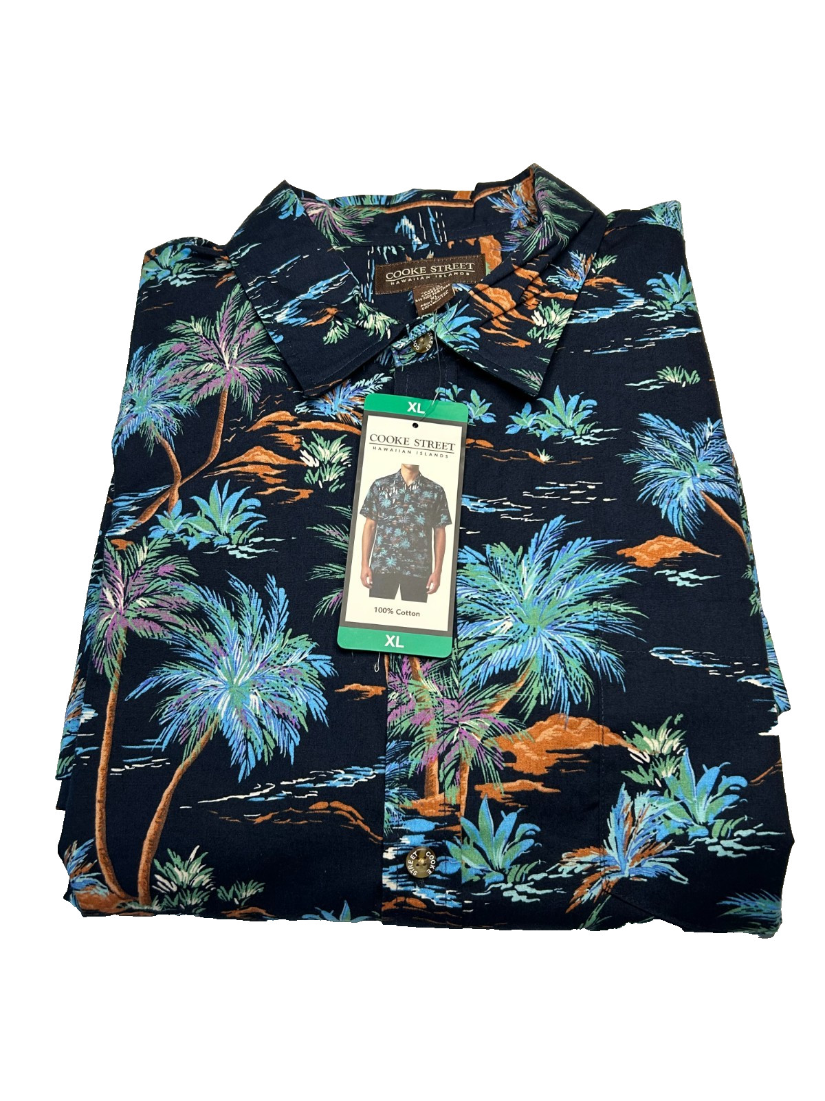 Cooke Street Mens Aloha Hawaiian Shirt, Short Sleeve, Cotton, Dark Blue, Size XL