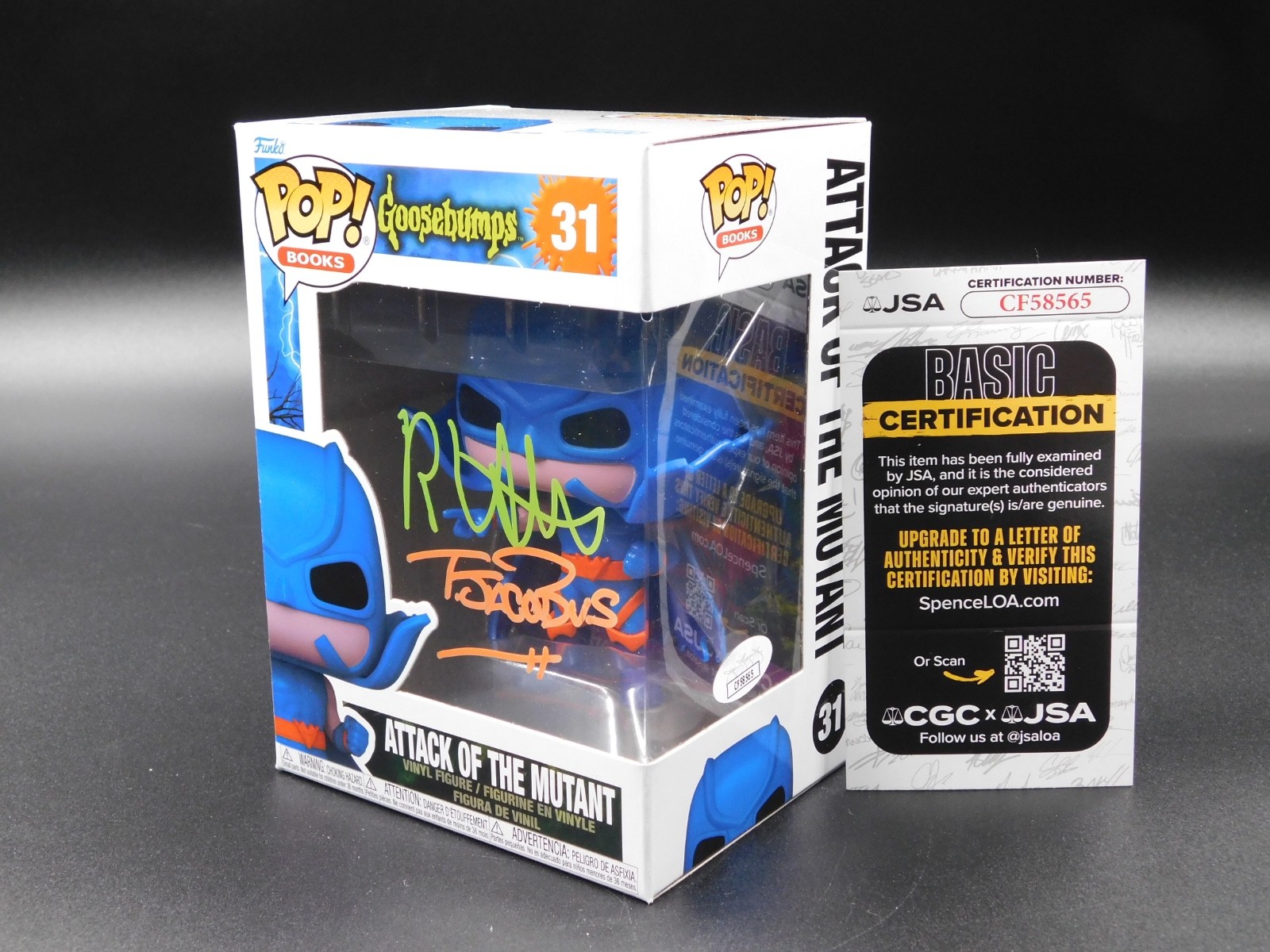 RL Stine Tim Jacobus Dual Signed Funko Pop 31 Goosebumps Attack Mutant JSA COA