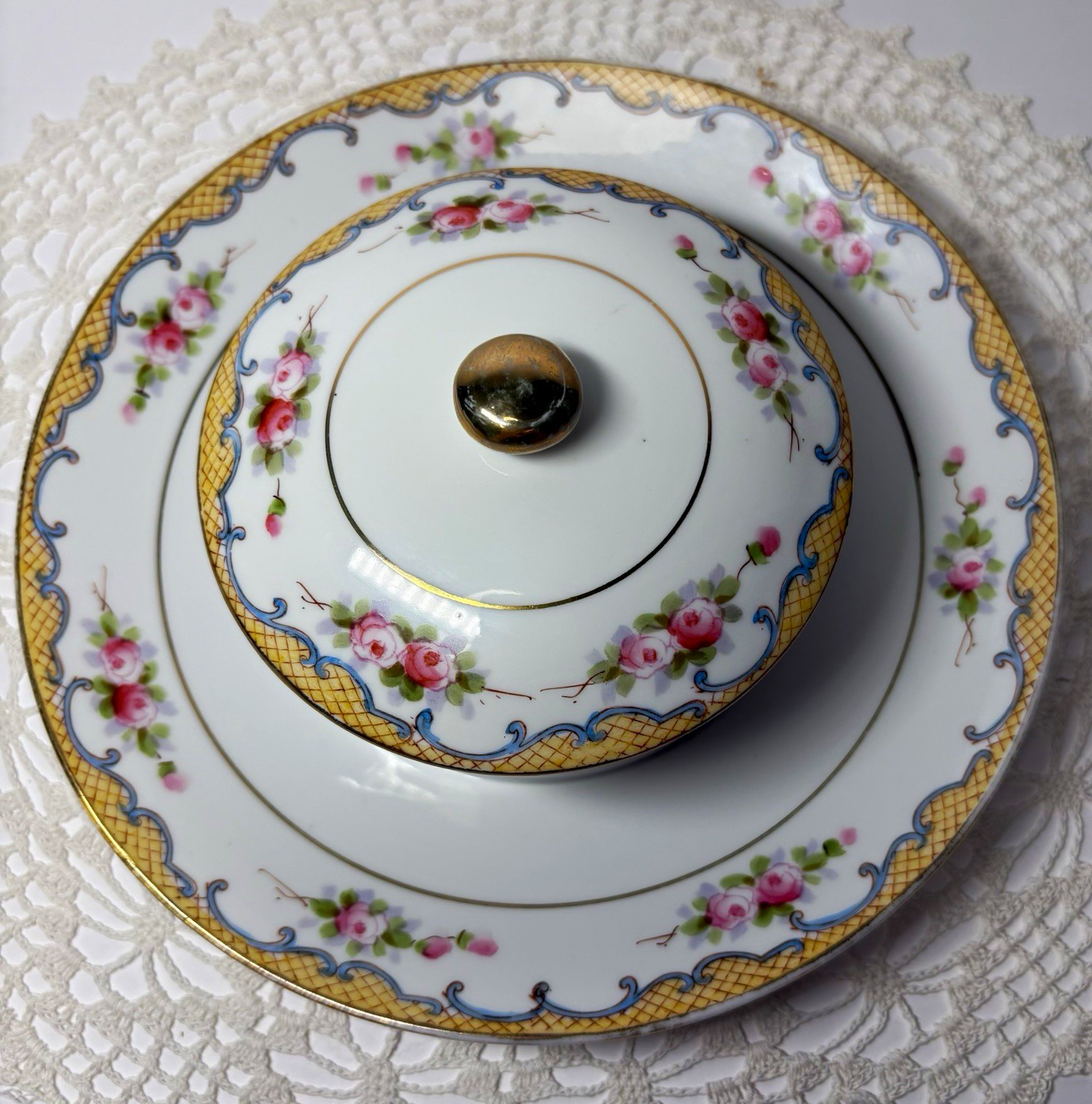 Rare Antique Nippon Porcelain Floral Covered Sauce Dish /Lid Attached Underplate Rare Antique Nippon Porcelain Floral Covered Sauce Dish /Lid Attached Underplate