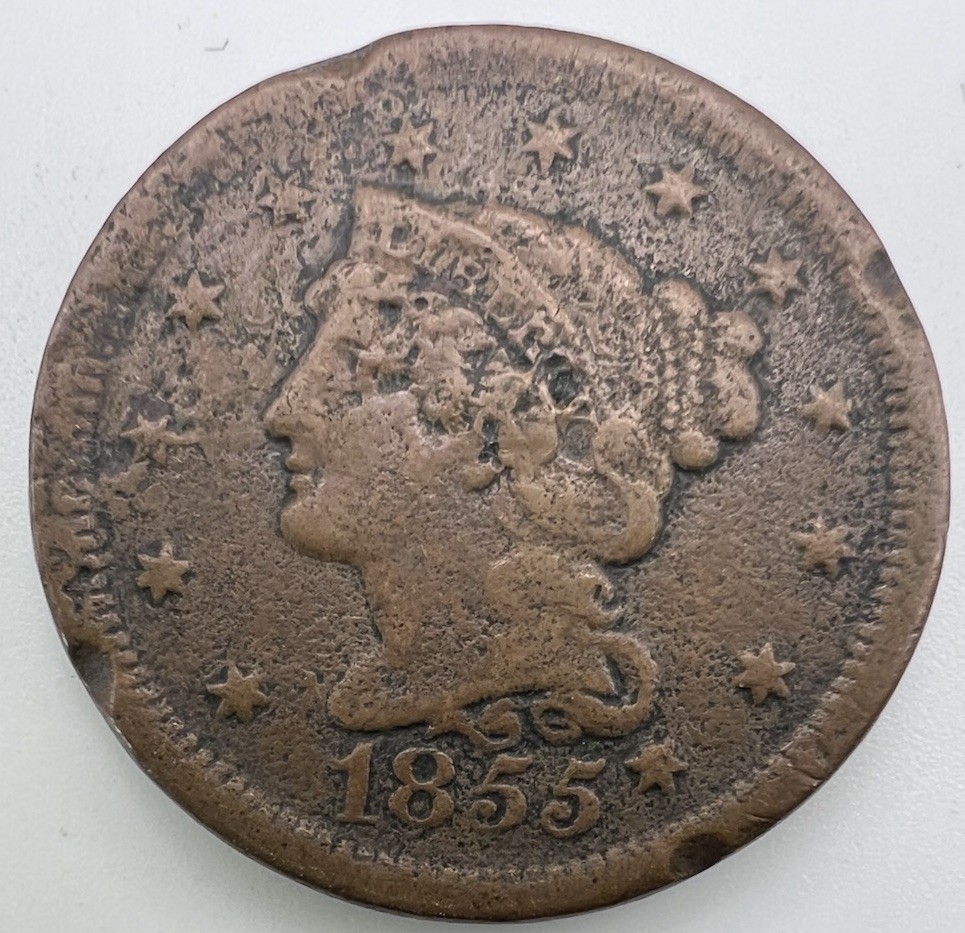 1855 Braided Hair Large Cent Knob on Ear N-9 • Rare Slanted 5’s - VG w Damage 1c 1855 Braided Hair Large Cent Knob on Ear N-9 • Rare Slanted 5’s - VG w Damage 1c