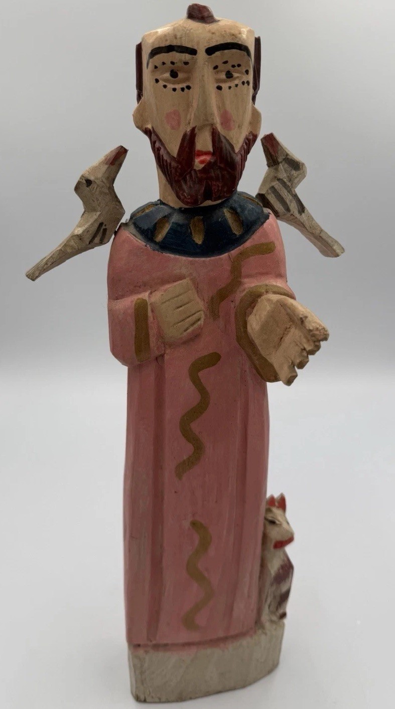 Guatemalan Hand Carved Wood Saint Francis Santos Statue Folk Art Vintage 15.5”