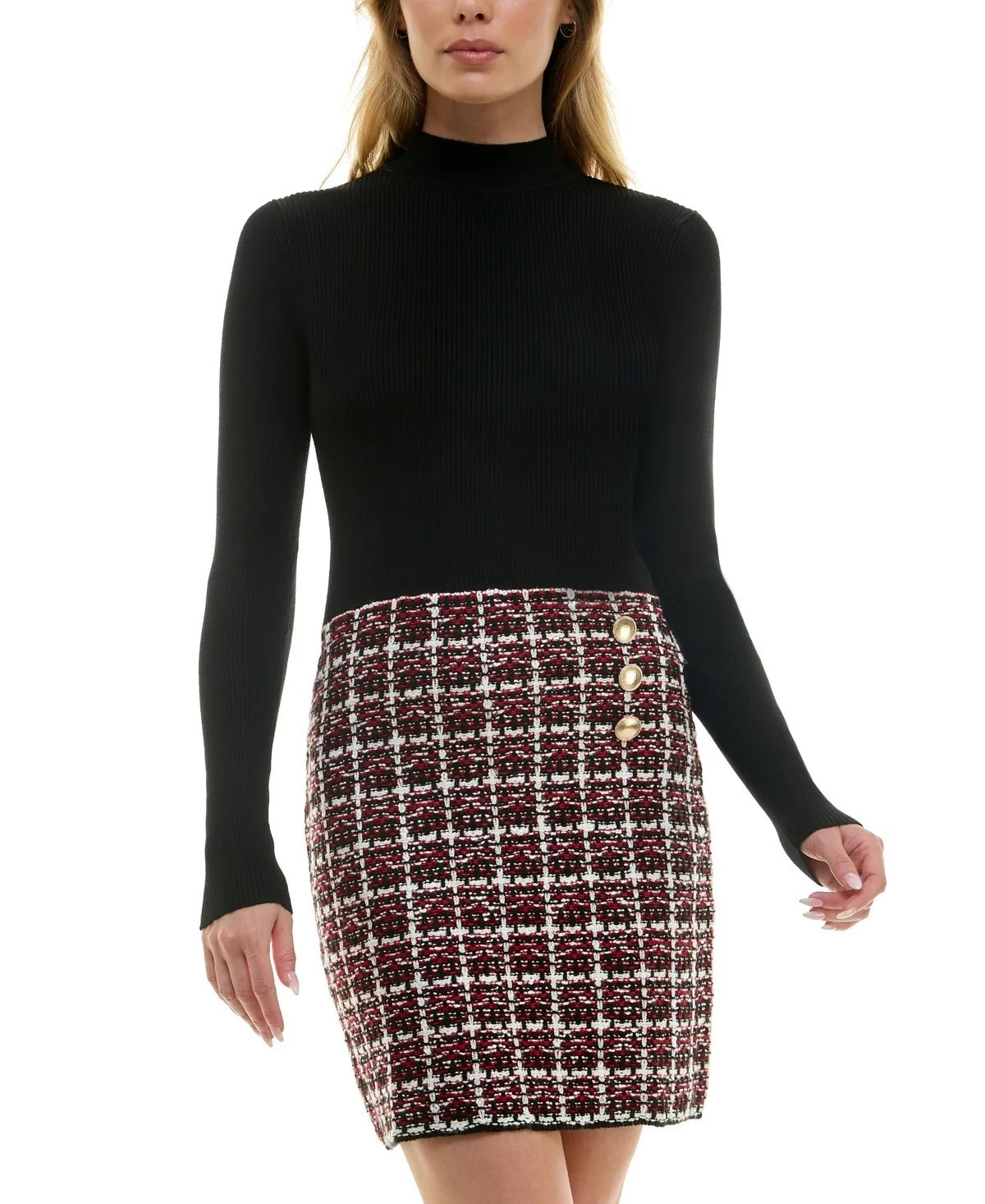 BCX Juniors' Combo Tweed-Skirt Long-Sleeve Dress MSRP 59